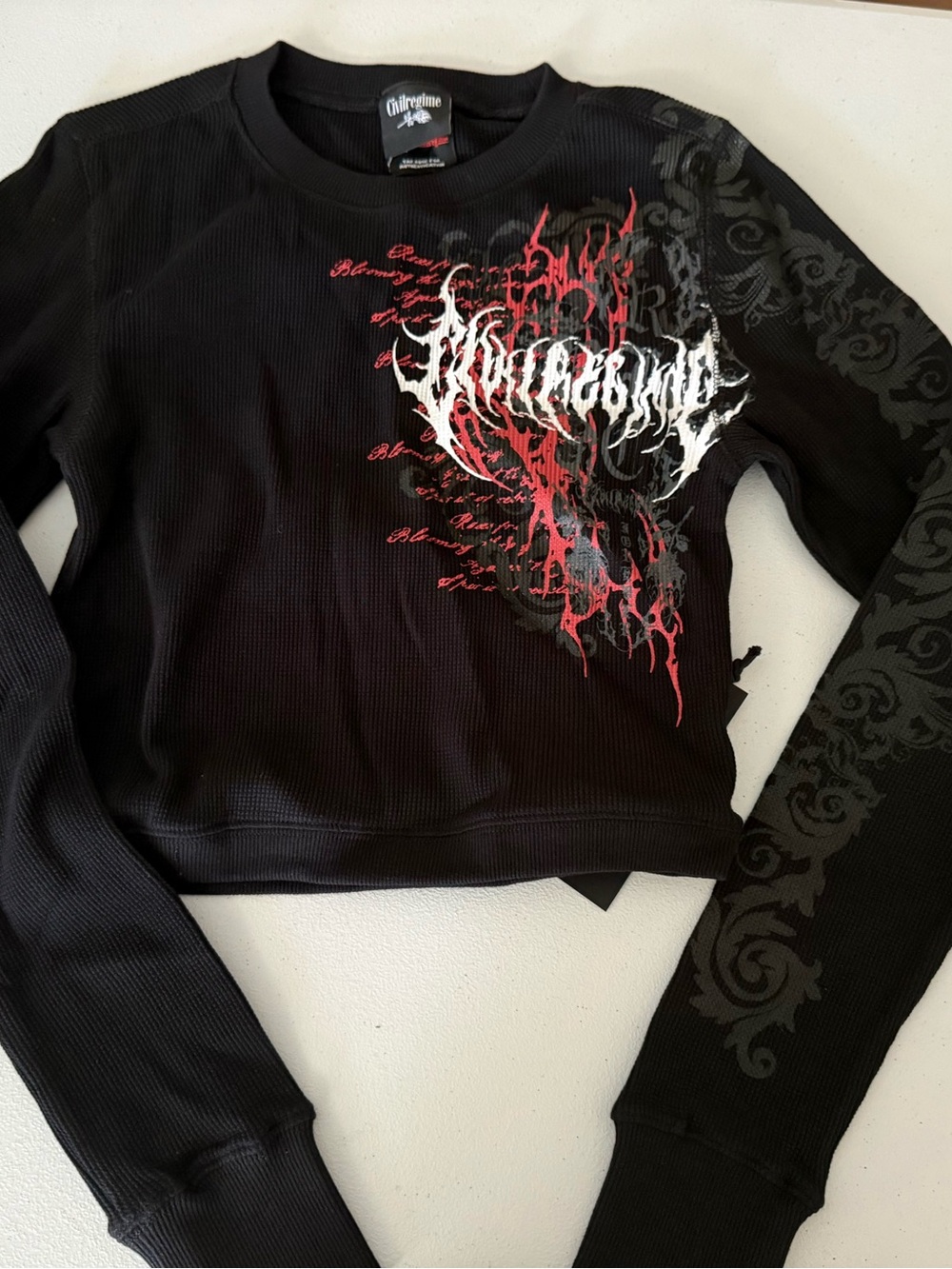 NEW Civil Regime Antagonist Cropped Long Sleeve Waffle Thermal Black Shirt XS